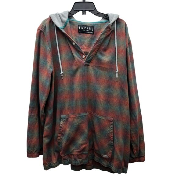 Empyre Hoodie Pullover Mens XL Red Green‎ Plaid Flannel Kangaroo Pocket Casual - Picture 1 of 8
